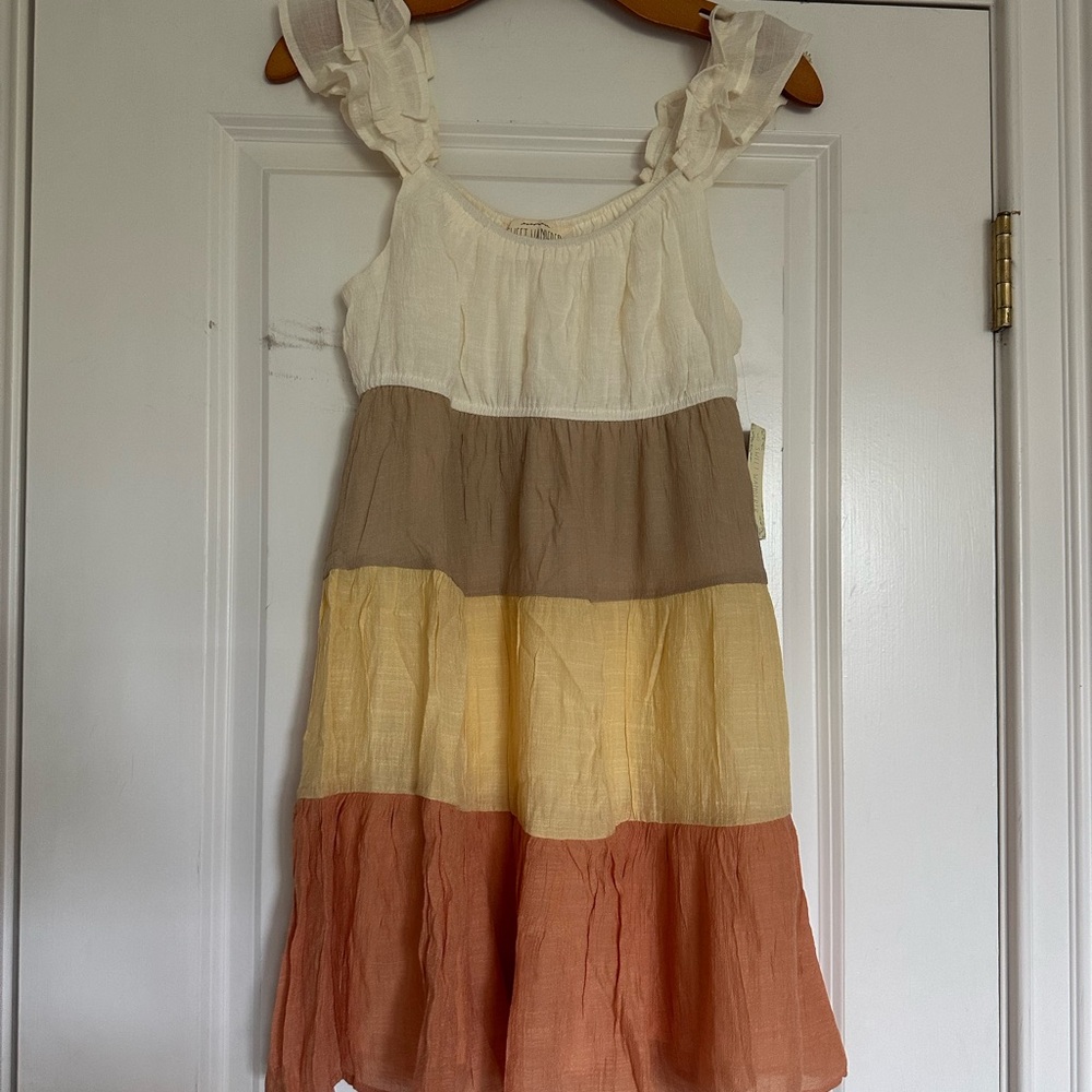 Sweet Wanderer Cream, Brown, Yellow, and Orange Tiered Dress